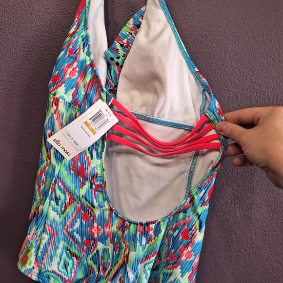 New Ella Moss swim one piece plunge halter tie ruffle Savannah neon womens small - Picture 6 of 7
